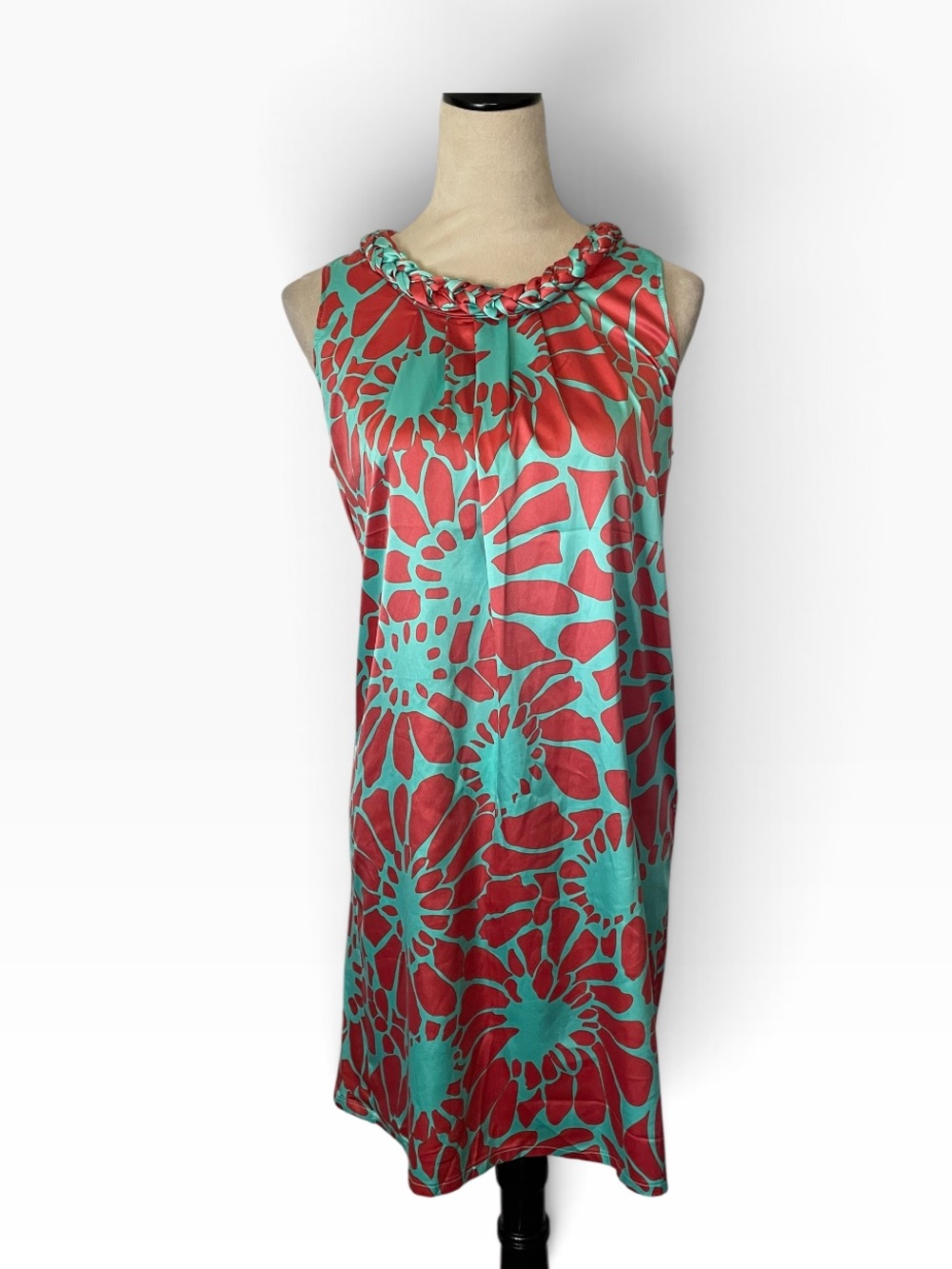 Tracy Negoshian Vibrant Teal Pink Floral Abstract Print Sleeveless Shift Dress M